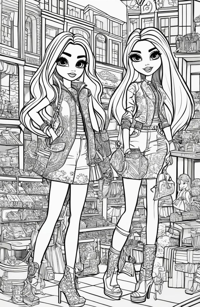 A black and white, intricately detailed colouring book page featuring the Bratz dolls in a vibrant shopping scene