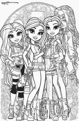 A high-quality, intricately detailed, black and white line art image featuring characters from the Bratz franchise, designed as a page from a colouring book