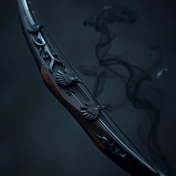 A beautifully crafted black shortbow, intricately adorned with elegant raven decorations, exuding a mysterious charm