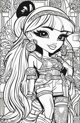 A high-quality, intricately detailed, black and white line art image featuring characters from the Bratz franchise, designed as a page from a colouring book