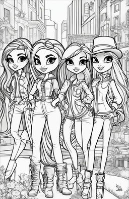 A high-quality, intricately detailed, black and white line art image featuring characters from the Bratz franchise, designed as a page from a colouring book