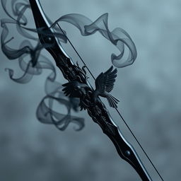 A striking black shortbow featuring ornate raven decorations that embody elegance and mystery