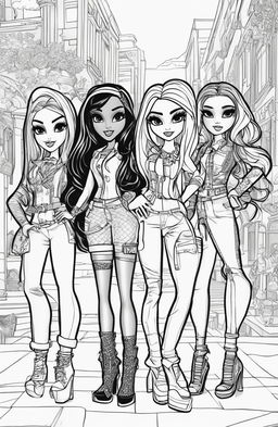 A high-quality, intricately detailed, black and white line art image featuring characters from the Bratz franchise, designed as a page from a colouring book