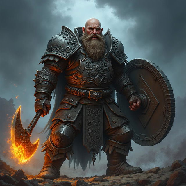 A detailed image of a snarling bald Dwarven war cleric, a fierce follower of Clangeddin Silverbeard