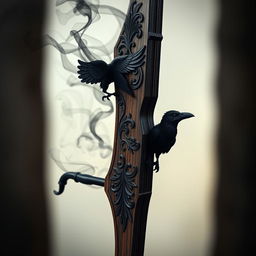 An exquisite black archery shortbow showcasing intricate raven decorations, embodying both elegance and mystery
