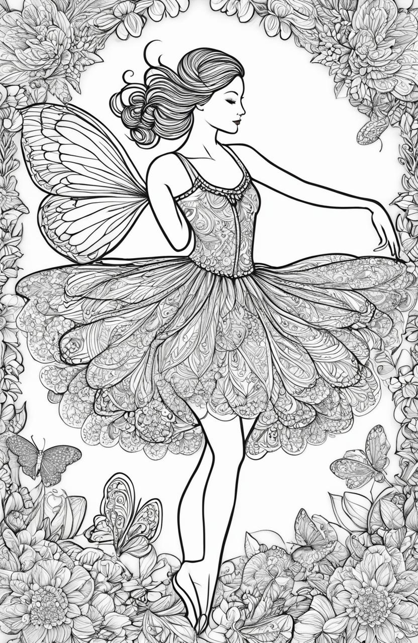 A detailed coloring page featuring a graceful ballerina in mid-dance, surrounded by whimsical elements including botanical designs and butterflies, in the style of Johanna Basford