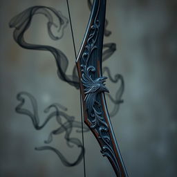An exquisite black archery shortbow showcasing intricate raven decorations, embodying both elegance and mystery
