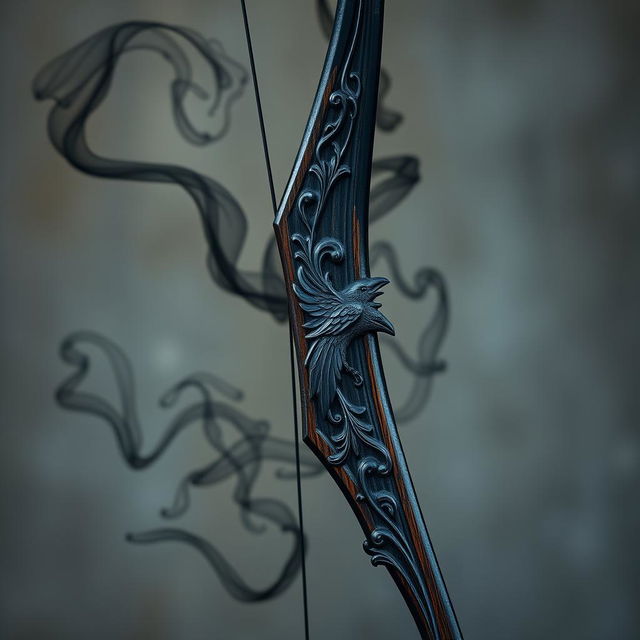 An exquisite black archery shortbow showcasing intricate raven decorations, embodying both elegance and mystery