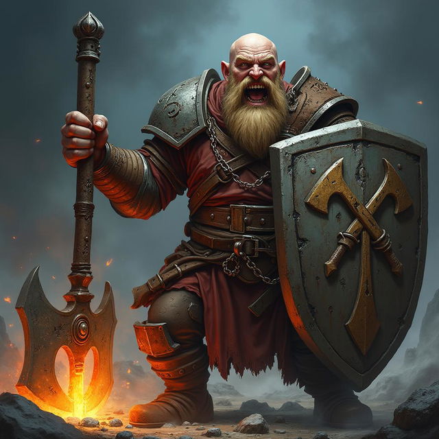 A detailed image of a snarling bald Dwarven war cleric, a dedicated follower of Clangeddin Silverbeard