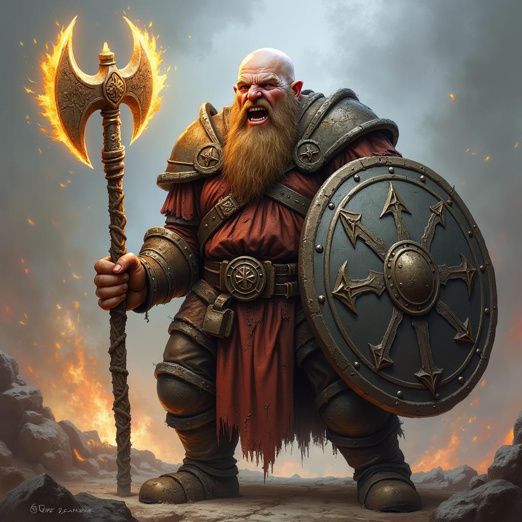 A detailed image of a snarling bald Dwarven war cleric, a fierce follower of Clangeddin Silverbeard