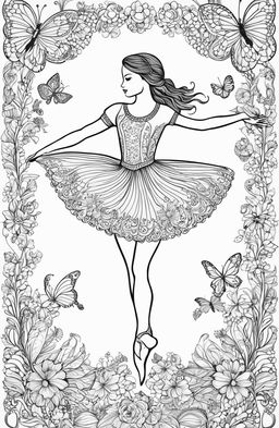 A detailed coloring page featuring a graceful ballerina in mid-dance, surrounded by whimsical elements including botanical designs and butterflies, in the style of Johanna Basford