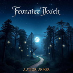 A captivating book cover design featuring a mystical forest landscape at dusk