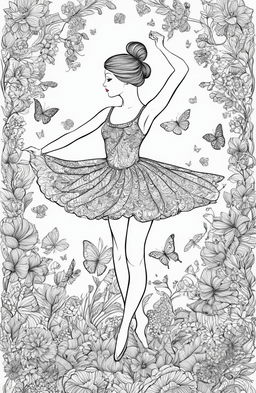 A detailed coloring page featuring a graceful ballerina in mid-dance, surrounded by whimsical elements including botanical designs and butterflies, in the style of Johanna Basford