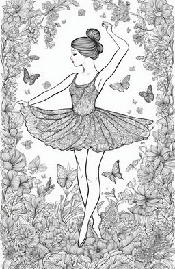 A detailed coloring page featuring a graceful ballerina in mid-dance, surrounded by whimsical elements including botanical designs and butterflies, in the style of Johanna Basford