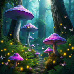 A magical forest filled with vibrant green and purple glimmers in the air