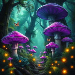 A magical forest filled with vibrant green and purple glimmers in the air