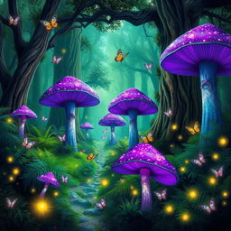 A magical forest filled with vibrant green and purple glimmers in the air
