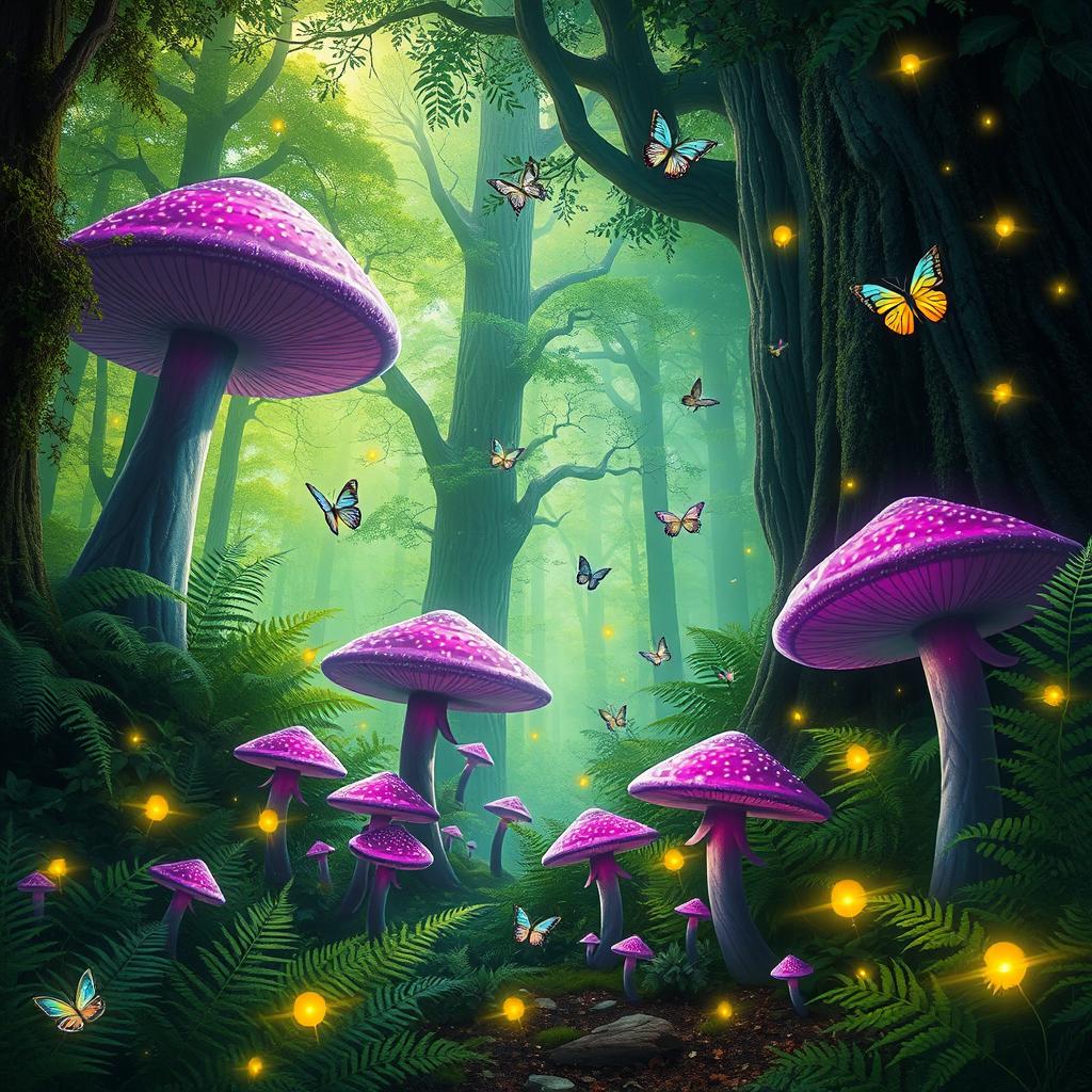 A magical forest filled with vibrant green and purple glimmers in the air