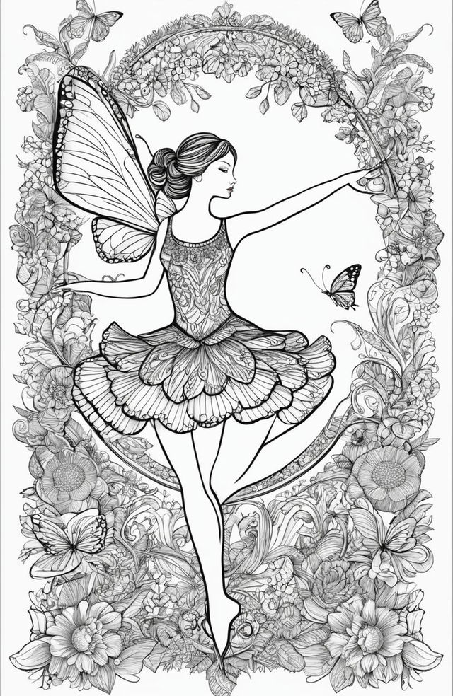 A detailed coloring page featuring a graceful ballerina in mid-dance, surrounded by whimsical elements including botanical designs and butterflies, in the style of Johanna Basford