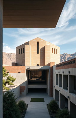 A visually striking representation of Louis Kahn's architectural theory, featuring grand and monumental buildings designed in his signature style