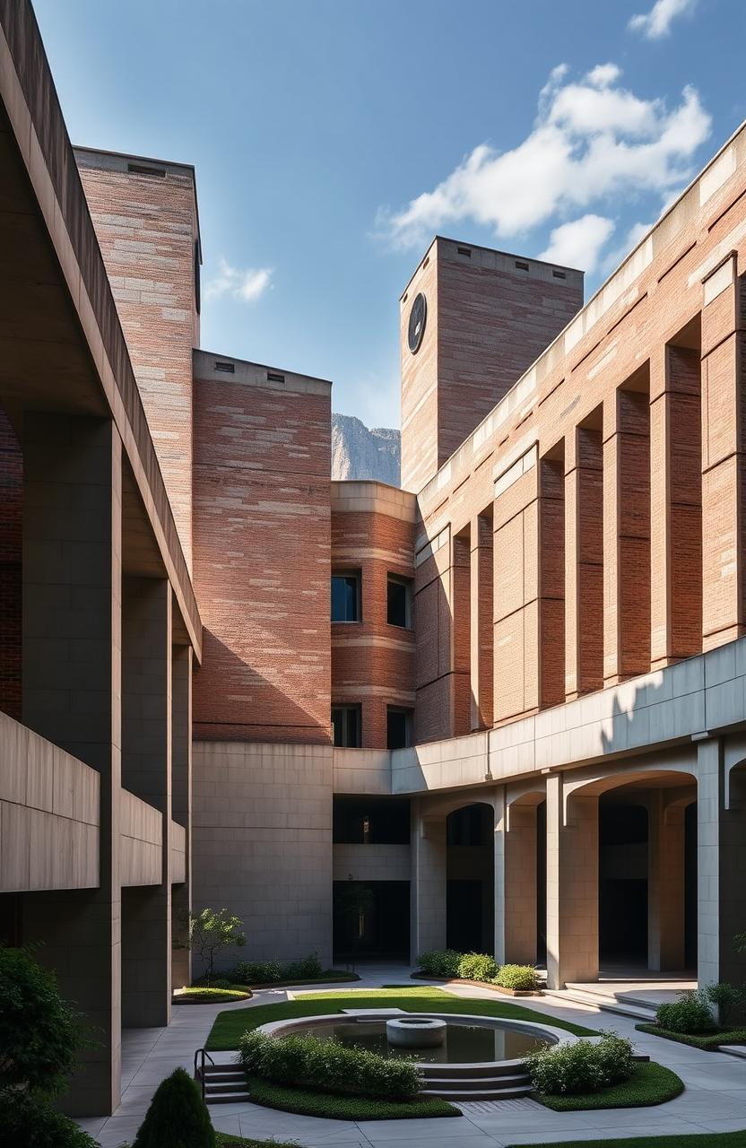 A visually striking representation of Louis Kahn's architectural theory, featuring grand and monumental buildings designed in his signature style