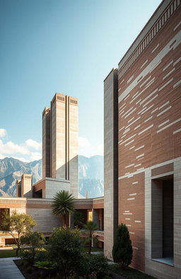 A visually striking representation of Louis Kahn's architectural theory, featuring grand and monumental buildings designed in his signature style