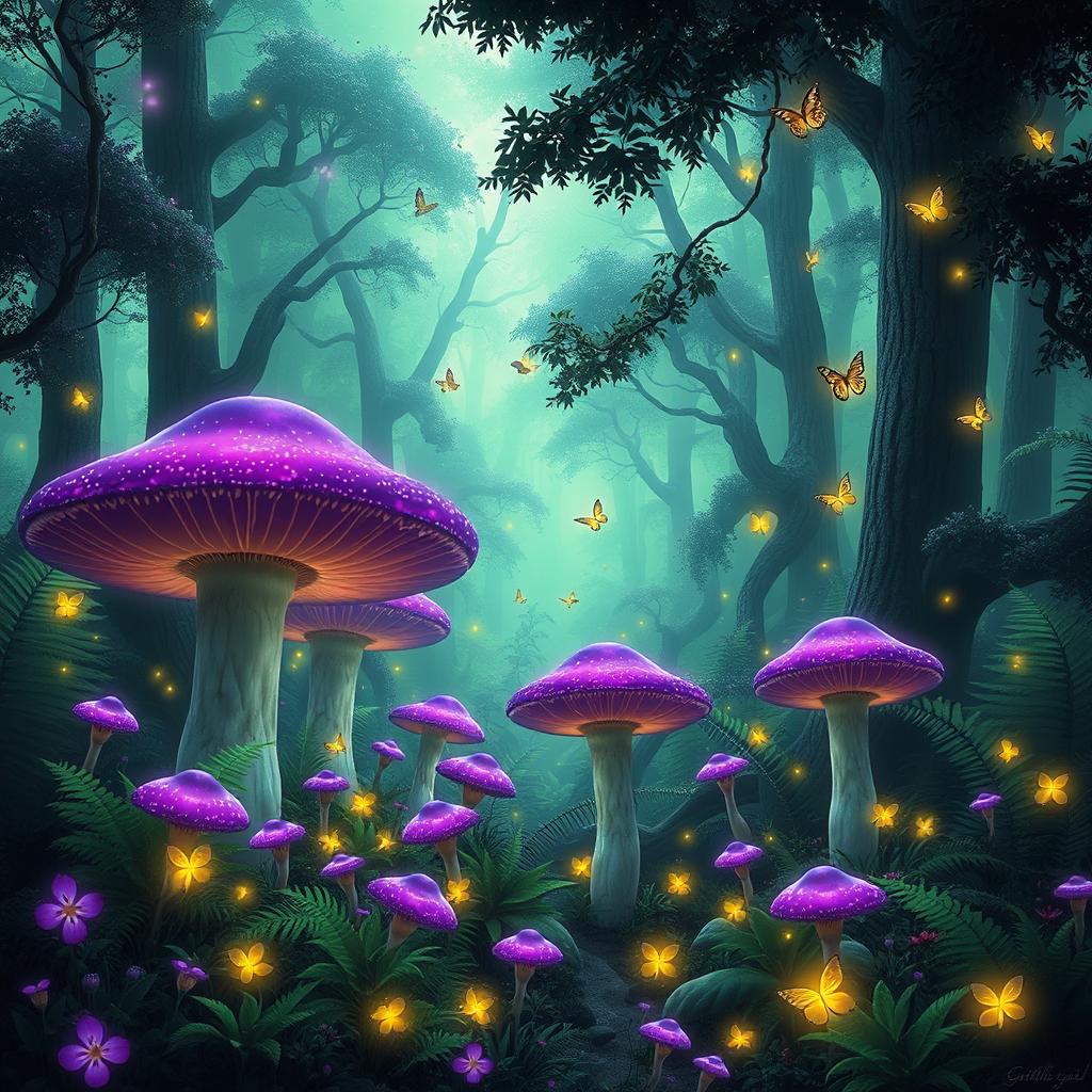 A magical forest filled with glowing green and purple lights in the air