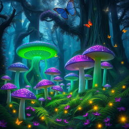 A magical forest filled with glowing green and purple lights in the air