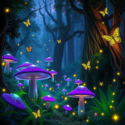 A magical forest filled with glowing green and purple lights in the air