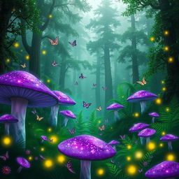 A magical forest filled with glowing green and purple lights in the air