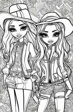 This image is a black and white Bratz-themed colouring book page, featuring the iconic characters in fashionable outfits