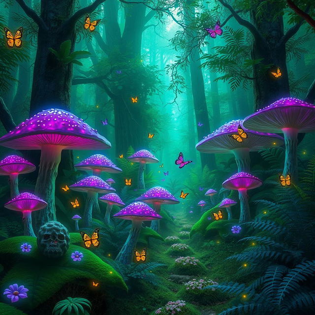 A magical forest filled with vibrant green and purple glows in the air