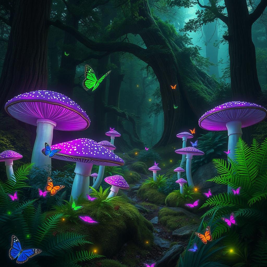 A magical forest filled with vibrant green and purple glows in the air