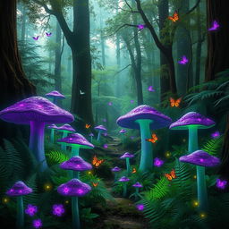 A magical forest filled with vibrant green and purple glows in the air