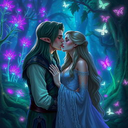 Legolas, the elven prince, gently kissing a beautiful human woman amidst a magical forest filled with ethereal purple and green glows