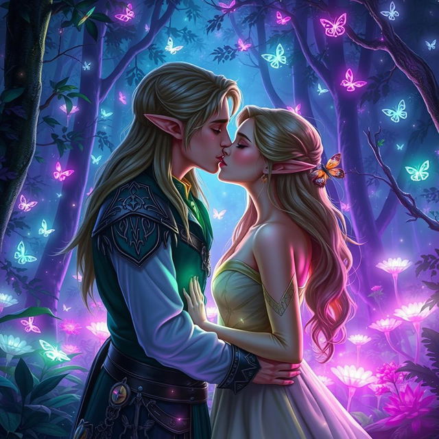 Legolas, the elven prince, gently kissing a beautiful human woman amidst a magical forest filled with ethereal purple and green glows