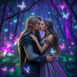 Legolas, the elven prince, gently kissing a beautiful human woman amidst a magical forest filled with ethereal purple and green glows