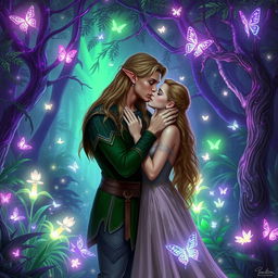 Legolas, the elven prince, gently kissing a beautiful human woman amidst a magical forest filled with ethereal purple and green glows