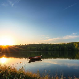 A stunning scenic photograph featuring a tranquil lake surrounded by lush green forests under a bright blue sky