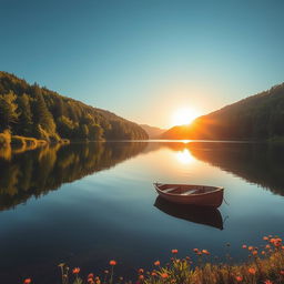 A stunning scenic photograph featuring a tranquil lake surrounded by lush green forests under a bright blue sky