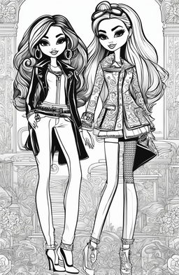 This image is a black and white Bratz-themed colouring book page, featuring the iconic characters in fashionable outfits