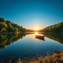 A stunning scenic photograph featuring a tranquil lake surrounded by lush green forests under a bright blue sky