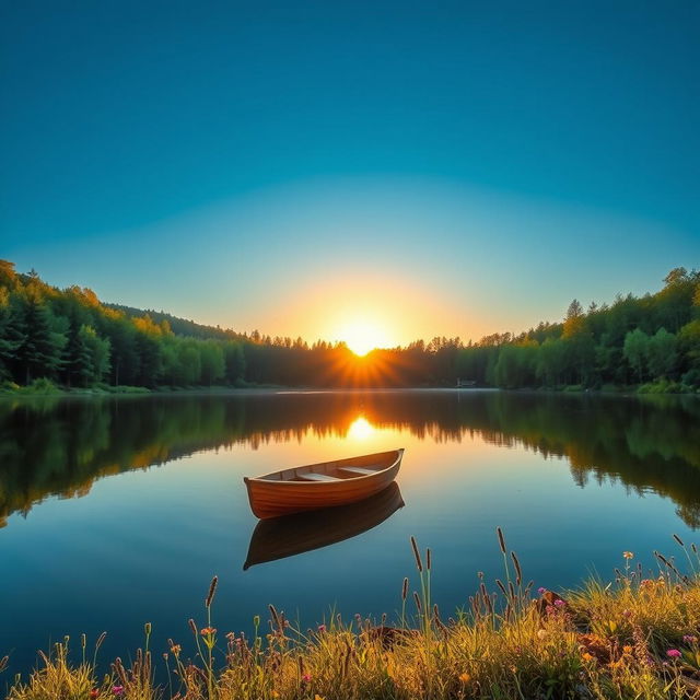 A stunning scenic photograph featuring a tranquil lake surrounded by lush green forests under a bright blue sky