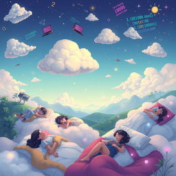 A surreal illustration depicting a whimsical dream world where programmers are peacefully sleeping during a software deploy