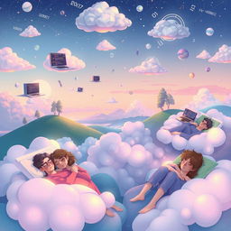 A surreal illustration depicting a whimsical dream world where programmers are peacefully sleeping during a software deploy