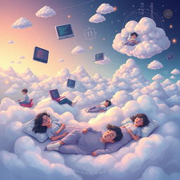 A surreal illustration depicting a whimsical dream world where programmers are peacefully sleeping during a software deploy