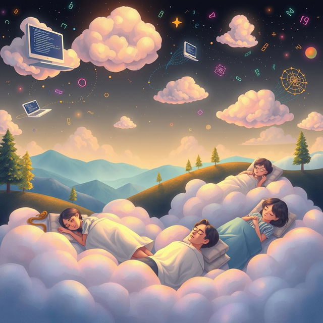 A surreal illustration depicting a whimsical dream world where programmers are peacefully sleeping during a software deploy