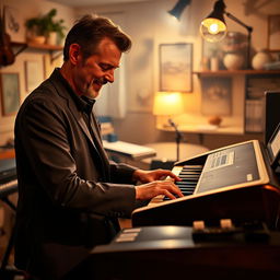 A dynamic performance scene showing a talented musician playing 'Stranger on the Shore' by Acker Bilk on a Yamaha Tyros 4 keyboard