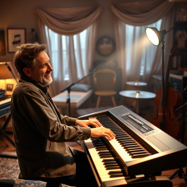 A dynamic performance scene showing a talented musician playing 'Stranger on the Shore' by Acker Bilk on a Yamaha Tyros 4 keyboard