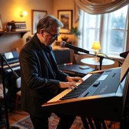 A dynamic performance scene showing a talented musician playing 'Stranger on the Shore' by Acker Bilk on a Yamaha Tyros 4 keyboard